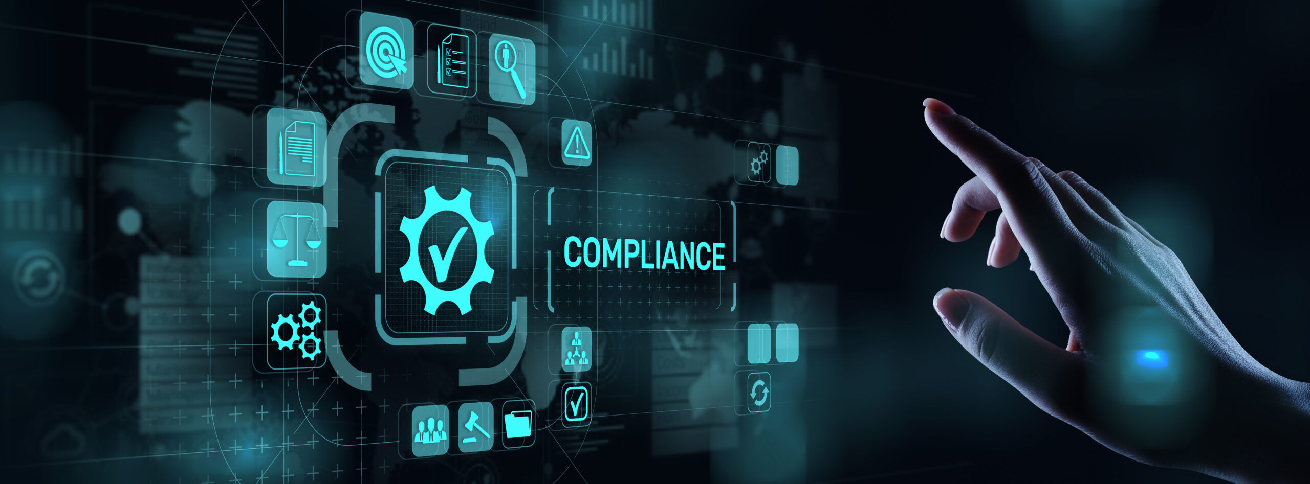 Compliance concept with icons and text. Regulations, law, standards, requirements, audit diagram on virtual screen.